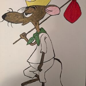Whimsical Mouse Art Painting with Red and Green Accents